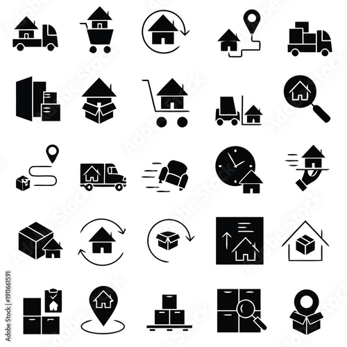 Moving and relocation icons representing boxes, trucks, and home transportation services