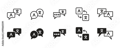 Multiple icons showing language translation with speech bubbles and arrows