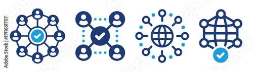 Network connection icons with people globe and checkmarks representing teamwork