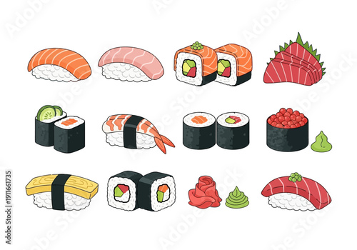 Assorted sushi illustrations including maki rolls and nigiri on a clean white background viewed from directly above