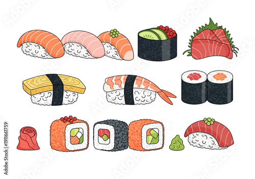 Assorted sushi and sashimi illustrations arranged neatly on a clean white background from a top-down viewpoint