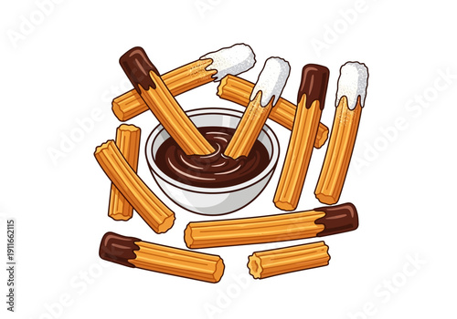 Assorted chocolate-coated pretzel rods surrounding a bowl of chocolate sauce, viewed directly from above.