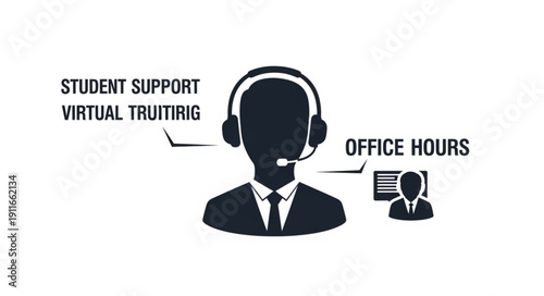 Customer service representative wearing headset and suit with office hours icon.