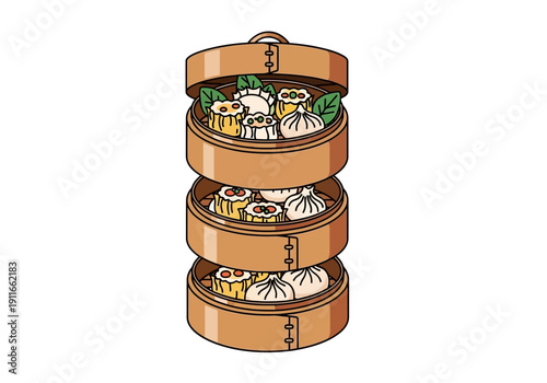 Steamed dumplings and various dishes in a three-tiered wooden steamer basket, viewed from above, showcasing culinary delights