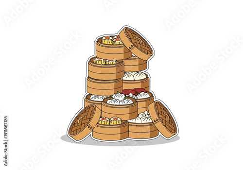 A stack of wooden steamer baskets filled with various dim sum, viewed from the front.