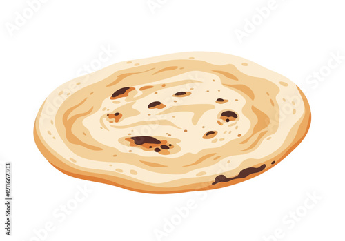 A delicious pancake with a golden brown crust and dark spots on a white surface viewed from directly above