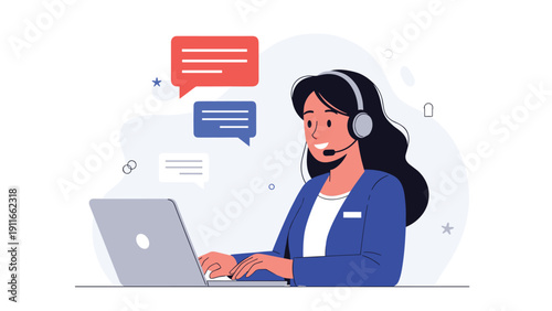 Friendly female customer support agent wearing a headset and working at her laptop with various message bubbles appearing behind her.
