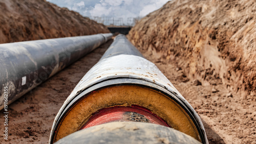 Fotografie Workers are laying a large pipeline in a trench at a construction site