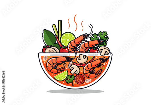 A steaming bowl of shrimp soup with fresh ingredients, garnished with herbs and lime, served hot and appetizing