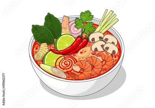 A delicious bowl of spicy soup with shrimp, mushrooms, and vegetables, viewed from above in a white bowl