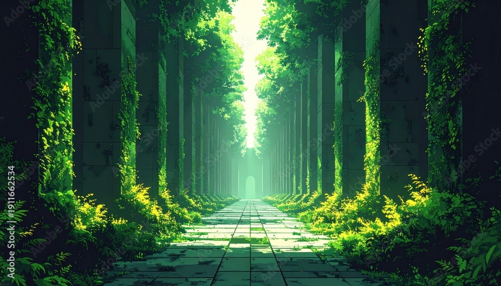 Obraz premium Pixelated corridor of pillars, overgrown with foliage, leading to light