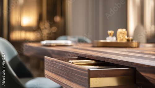 Luxurious Modern Wooden Desk with Open Drawer and Golden Accent in Elegant Interior.