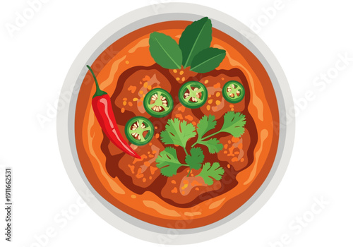 A vibrant bowl of spicy meatballs garnished with fresh herbs and chili peppers, presented in a shallow bowl