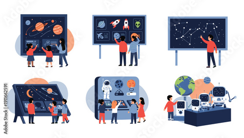 Educational scenes showing children and adults interacting with interactive space exhibits about planets and astronomy in a museum.