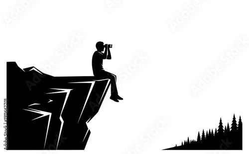 Person with binoculars on cliff silhouette, explorecore and nature discovery concept, mental health retreat and outdoor adventure vector illustration