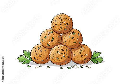 A pyramid of six round savory food balls with green herbs on a plain surface viewed from directly above