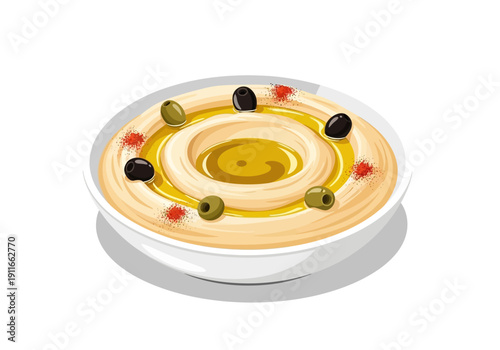 A bowl of creamy hummus topped with olives and olive oil, illustration, top view