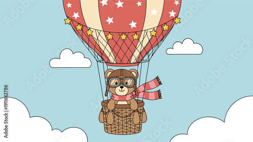 Whimsical cartoon of a cute teddy bear wearing aviator goggles and a scarf flying in a star patterned hot air balloon among clouds.