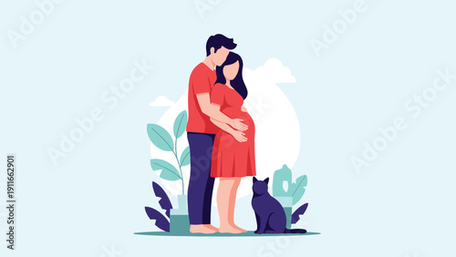 Loving man embracing his pregnant wife standing together with their black cat in a minimalist and heartwarming family illustration.