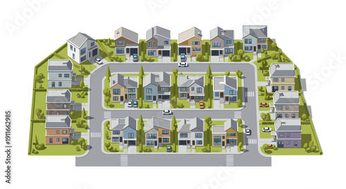 3D Rendering of Modern Suburban Neighborhood.