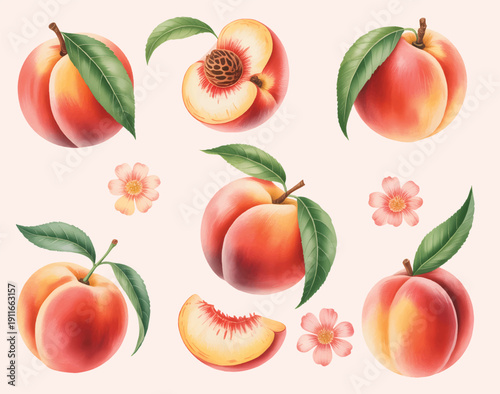 Hand painted peach fruit collection with blossoms and leaves in soft botanical watercolor style.