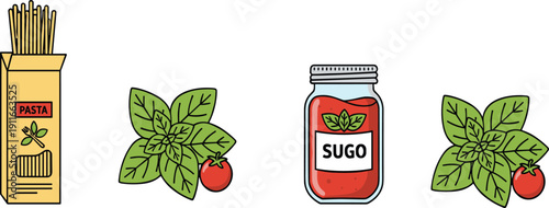Italian Pasta Package Tomato Basil Leaves and Sugo Sauce Jar Set in Hand Drawn Flat Vector Illustration