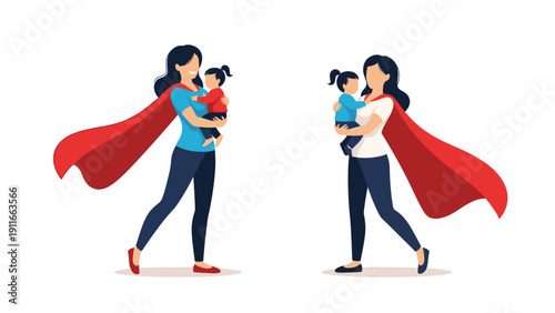 Two proud mothers wearing red superhero capes while holding their babies representing the strength and dedication of every super mom.