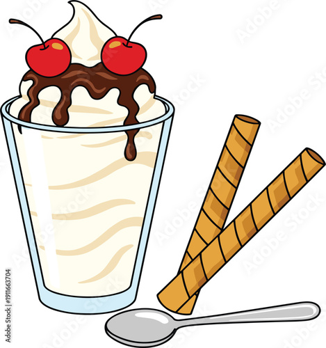Ice Cream Sundae in Glass with Chocolate Sauce Whipped Cream Cherries Spoon and Rolled Wafer Sticks Vector Illustration