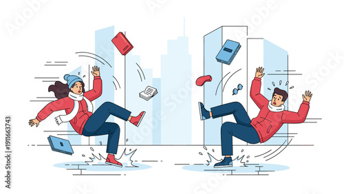 Man and woman in winter clothes slipping and falling on dangerous icy patches and puddles on a city sidewalk during a cold day.