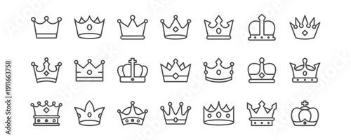 Outline crown icons symbols representing royalty power and success