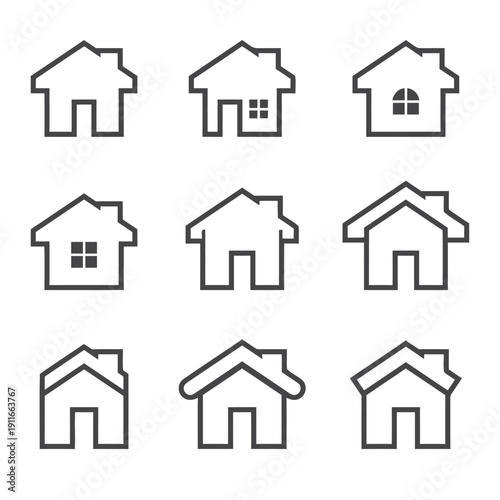 Outline house icons representing different architectural styles and home designs