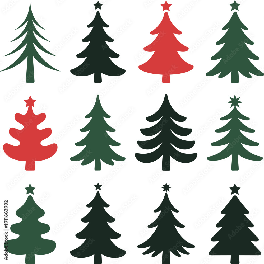 Fototapeta premium Christmas trees set green black and red color tree vector on white background.