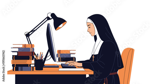 Dedicated catholic nun sitting at a wooden desk and focused on her work using a modern computer surrounded by many stacks of books.