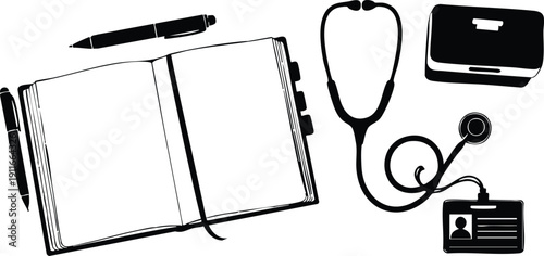 Black and white vector art of open planner with bookmark pen stethoscope medical case and identification badge arranged in flat lay composition on white background