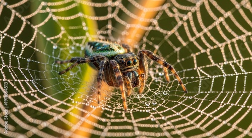 Close up of a yellow garden spider with hairy legs sitting on its web in nature