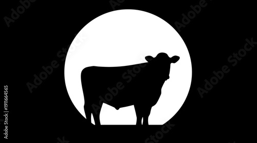 A silhouette of a bovine against a white oval backdrop within a black background