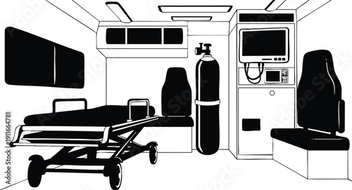 Black and white vector art showing inside ambulance stretcher detailed medical equipment oxygen tank seats and monitor emergency medical design perspective view