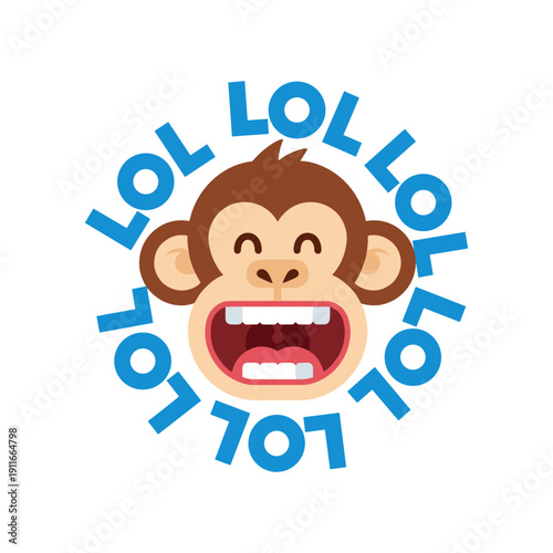 A cartoon monkey face with an open mouth and laughing expression surrounded by LOL text on a white background.