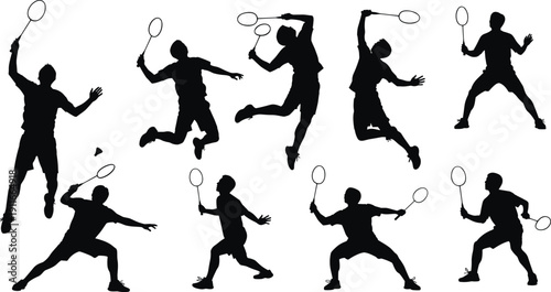 Badminton Player Silhouettes Collection Showing Dynamic Jump Smash and Defensive Poses Isolated on White Background for Sports, Tournament and Fitness Design
