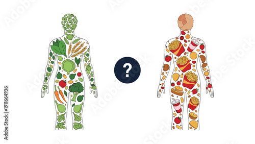 Visual comparison of two human bodies filled with healthy vegetables and fruits on the left versus greasy fast food on the right side.