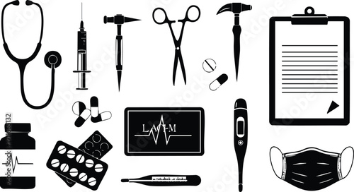 Flat design medical equipment collection with stethoscope syringe pills clipboard and thermometer icons in black silhouette style isolated on white background