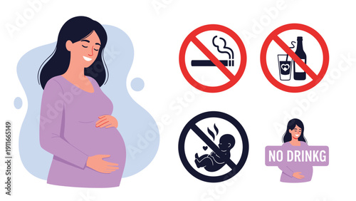 Smiling pregnant woman standing next to important health warning icons against smoking and alcohol consumption during her pregnancy.