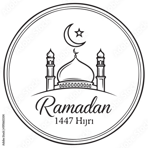 Ramadan 1447 Hijri Circular Emblem Featuring a Mosque Silhouette with Minarets and Crescent Moon Celebrating the Islamic Holy Month in a Minimalist Black and White Line Art Design Style.