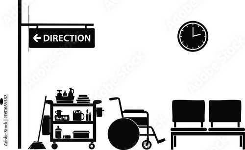 Minimalist black and white hospital waiting room vector art with wheelchair cleaning cart mop directional sign and wall clock showing time