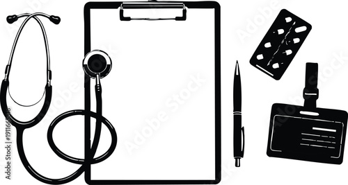 Black and white medical clipart showing stethoscope next to clipboard pen pill blister pack and identification card in flat minimalist vector design