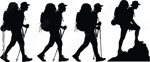 Hiker and Backpacker Silhouettes Set Showing Trekking and Mountain Climbing Poses Isolated on White Background for Outdoor Adventure and Travel Design