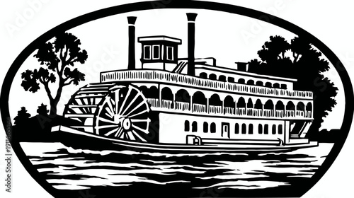 A paddle steamer on a river, with trees on the banks, in a black and white oval frame