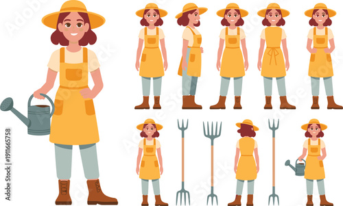 Female gardener character turnaround set with watering can pitchfork hat apron front side back views vector illustration collection