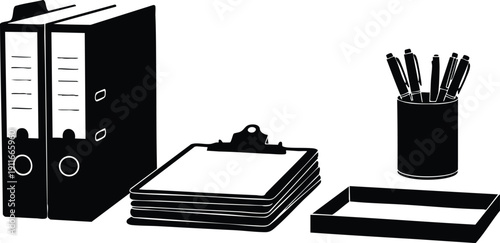 Black and white vector art of office supplies including two binders stacked clipboards pen holder with pens and empty tray isolated on white background