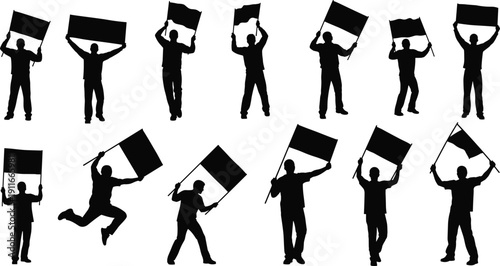 Protester and Supporter Silhouettes Waving Blank Flags in Different Poses Isolated on White Background for Demonstration, Political Campaign and Awareness Concepts